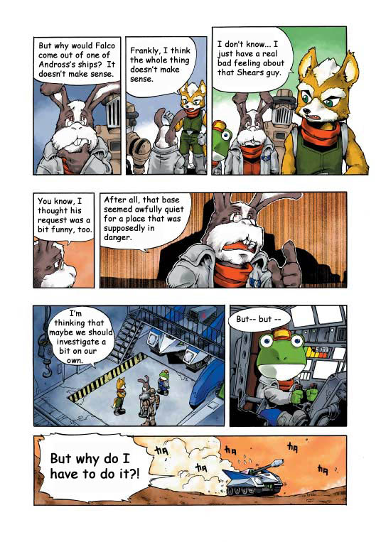 anthro clothing dialogue group machine male tank text vehicle shigehisa_nakaue nintendo star_fox fox_mccloud peppy_hare rob_64 slippy_toad amphibian canid canine fox frog lagomorph leporid mammal rabbit robot 2002 comic english_text official_art