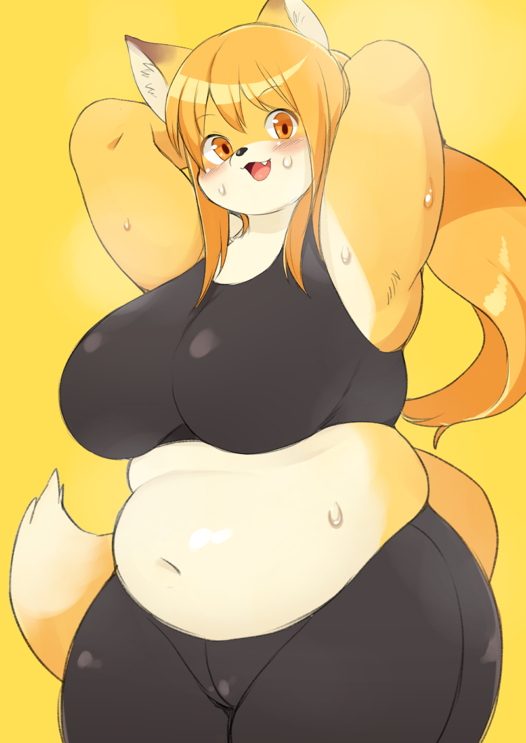 anthro big_breasts blonde_hair blush bodily_fluids bottomwear bra breasts clothed clothing female fur hair kemono long_hair looking_at_viewer midriff multicolored_body multicolored_fur navel open_mouth overweight overweight_anthro overweight_female pants potbelly simple_background solo sports_bra standing sweat thick_thighs two_tone_body two_tone_fur underwear white_body white_fur yellow_background yellow_body yellow_eyes yellow_fur yoga_pants akitaka canid canine mammal