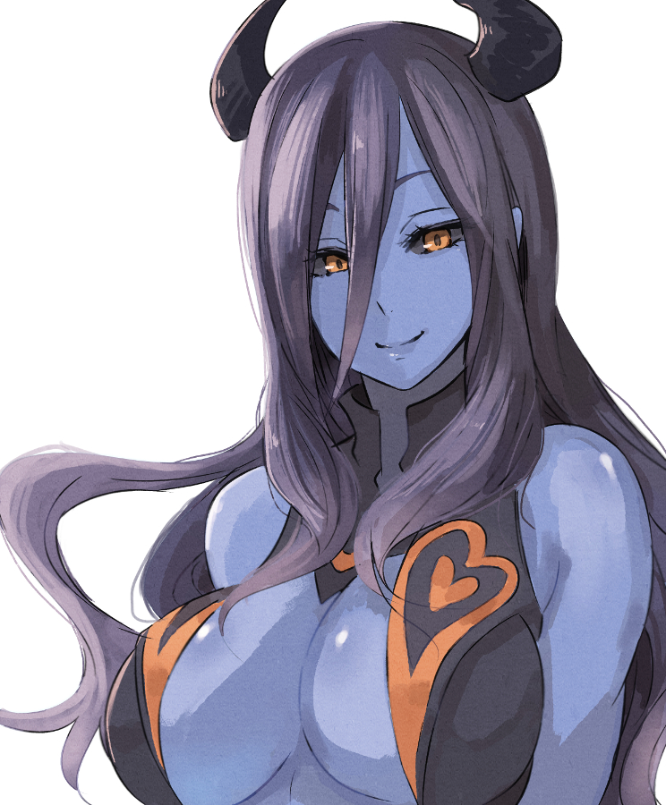 big_breasts black_sclera blue_body blue_horn blue_skin breasts clothing dress eyelashes female grey_clothing grey_dress grey_hair hair horn huge_breasts inner_boob long_hair looking_at_viewer simple_background smile solo white_background yellow_eyes pepe_(jonasan) bandai_namco summon_night flootier_(summon_night) demon demon_humanoid horned_humanoid humanoid