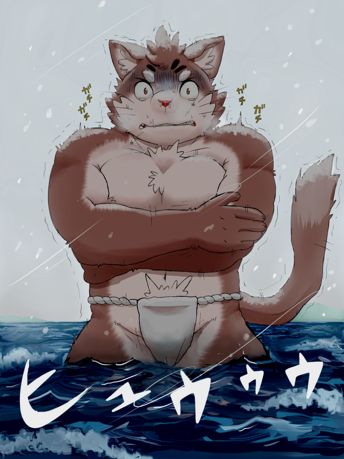 anthro asian_clothing biceps bodily_fluids bulge clothing cold east_asian_clothing freezing fundoshi fur grey_body grey_fur japanese_clothing male navel partially_submerged pecs snot solo striped_body striped_fur stripes text underwear water young meg_hoi lifewonders tokyo_afterschool_summoners sitri_(tas) domestic_cat felid feline felis mammal 3:4 japanese_text