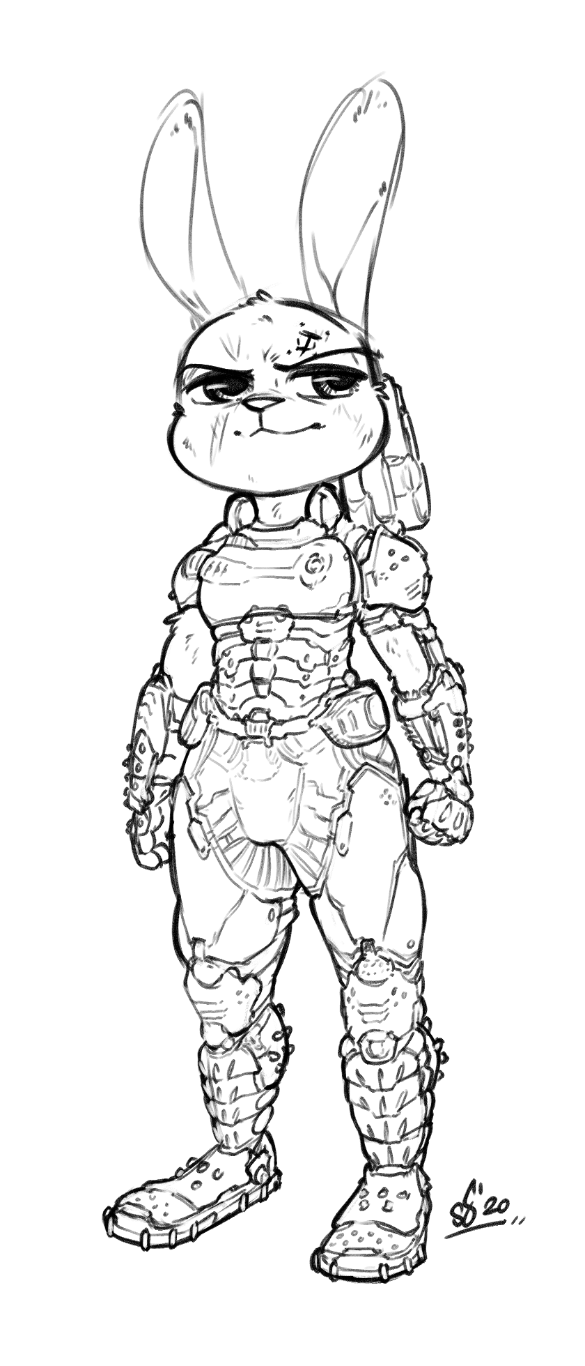 anthro armor body_armor cheek_tuft clothed clothing facial_tuft female half-closed_eyes head_tuft narrowed_eyes scratch simple_background solo standing tuft white_background alec8ter conditional_dnp disney doom_(series) id_software microsoft zootopia judy_hopps lagomorph leporid mammal rabbit 2020 black_and_white crossover hi_res monochrome