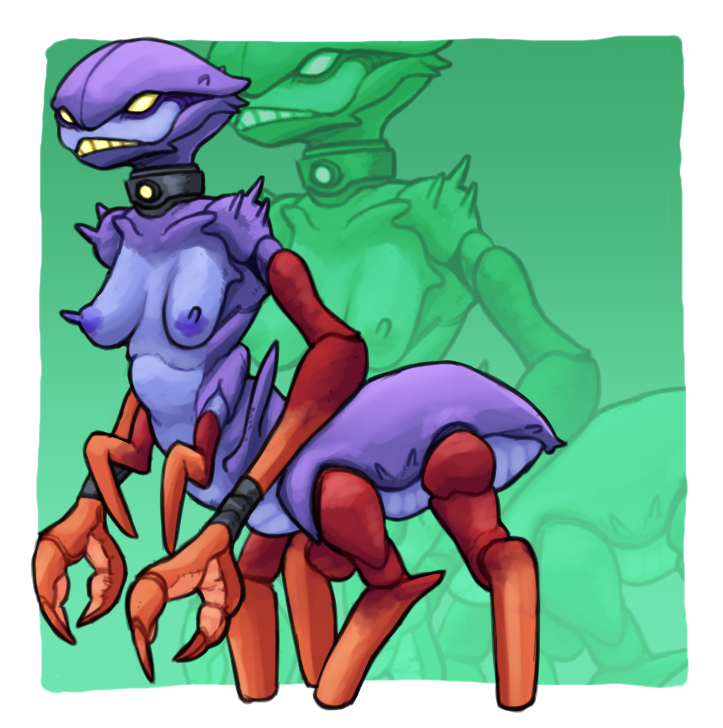 breasts claws collar female frown long_nipples medium_breasts multicolored_body nipples orange_arms purple_body red_body shell solo spikes spikes_(anatomy) md34 ben_10 cartoon_network alien arthropod cerebrocrustacean crustacean