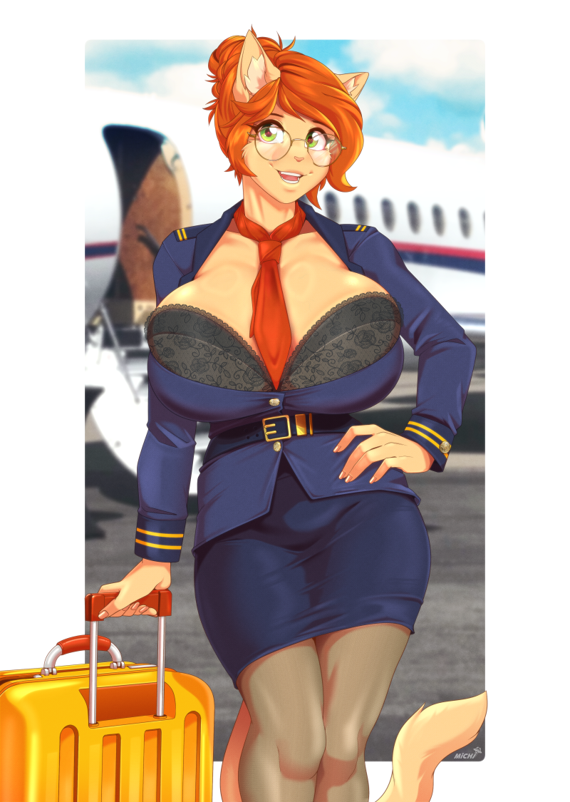 5_fingers aircraft airplane anthro big_breasts bra breasts clothed clothing eyewear female fingers flight_attendant glasses green_eyes hair hand_on_hip huge_breasts inner_ear_fluff looking_at_viewer necktie open_mouth open_smile orange_hair round_glasses smile solo suitcase tail tuft underwear vehicle wearing_glasses galacticmichi katrina_fowler domestic_cat felid feline felis mammal 2024 digital_media_(artwork)