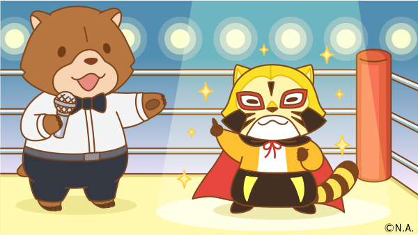 anthro belly bottomwear bow_tie brown_body brown_fur cape chibi clothing duo fighting_ring fur mask pants slightly_chubby wrestler rascal_the_raccoon rascal_(rascal_the_raccoon) bear mammal procyonid raccoon 2020 official_art