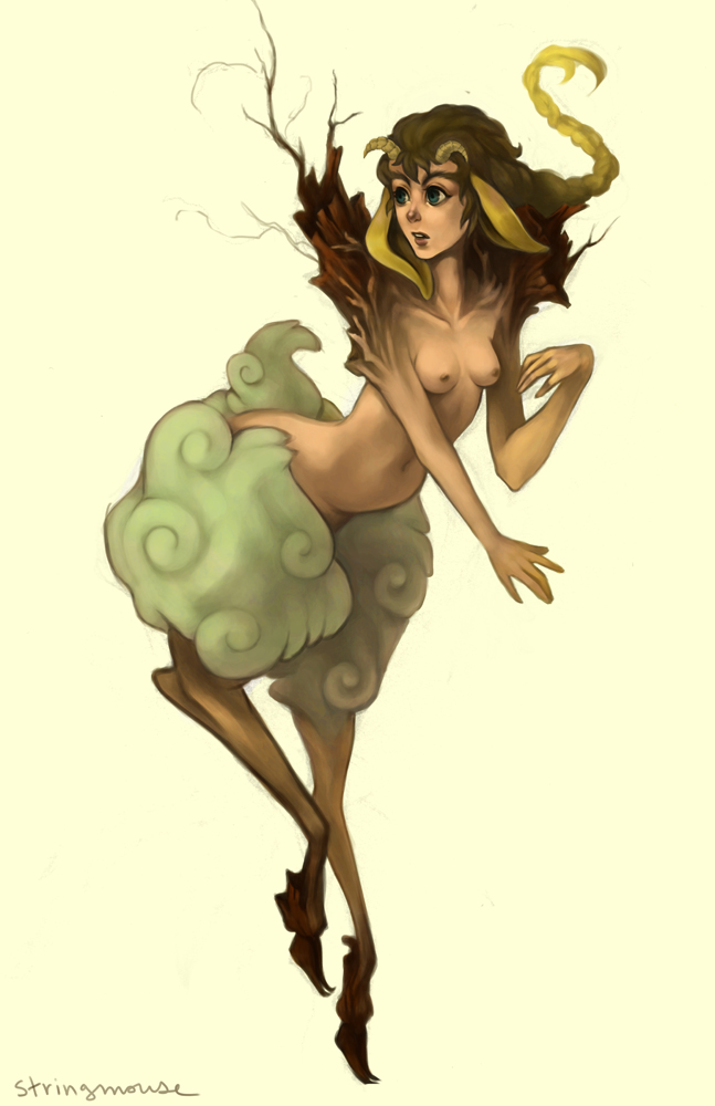 braided_hair branch breasts female fur goat_ears green_body green_fur hair horn nipples nude plant simple_background solo white_background wood stringmouse fileece elemental_creature flora_fauna satyr