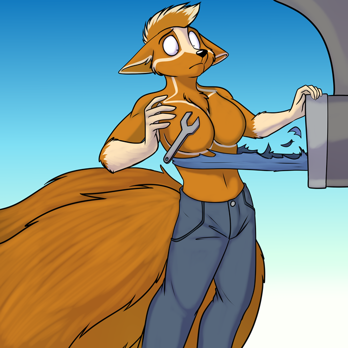 anthro black_nose breasts clothing featureless_breasts female gradient_background navel simple_background solo tools torn_clothing worker wrench foxenawolf gluneria_fullin canid canine dreamspinner fox mammal 1:1