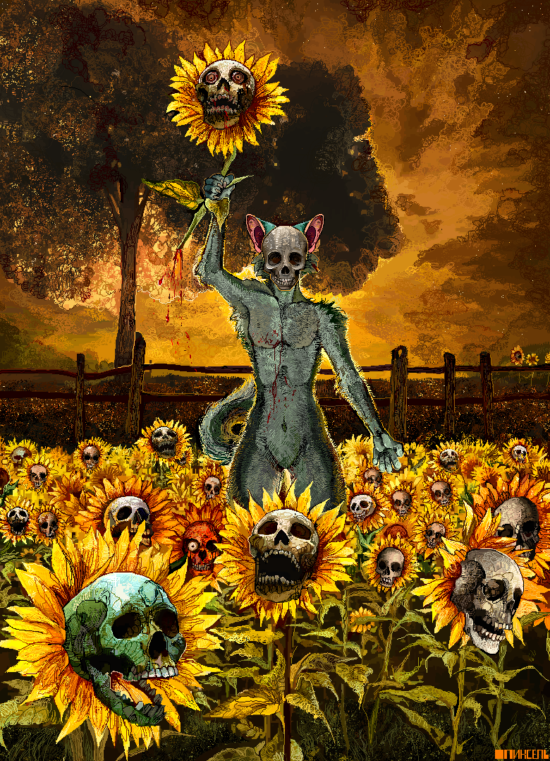 anthro blood bodily_fluids bone farmer fence field flower fur grey_body grey_fur harvest holding_flower holding_object male nude outside plant scared skull sky solo standing sunflower surrealism tree jeffusherb domestic_cat elemental_creature felid feline felis flora_fauna mammal digital_media_(artwork) digital_painting_(artwork)