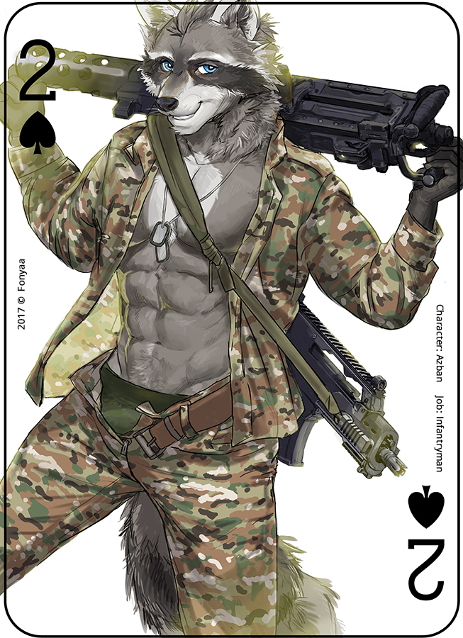 abs anthro card card_template copyright_symbol dog_tags fur gun holding_gun holding_object holding_ranged_weapon holding_weapon looking_at_viewer male military muscular muscular_anthro muscular_male pecs playing_card playing_card_template ranged_weapon simple_background smile solo spades_(suit) standing suit_symbol symbol two_of_spades weapon fonyaa azban mammal procyonid raccoon 2017 digital_media_(artwork)