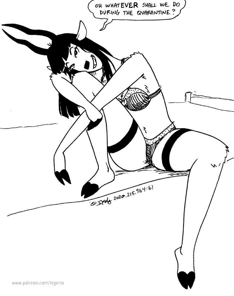 anthro bed breasts clothing dialogue female furniture hair hooves horn lingerie looking_at_viewer navel pose solo talking_to_viewer text tegerio miss_thompson_(tegerio) antelope bovid bovine kudu mammal spiral-horned_antelope comic english_text monochrome pinup sketch