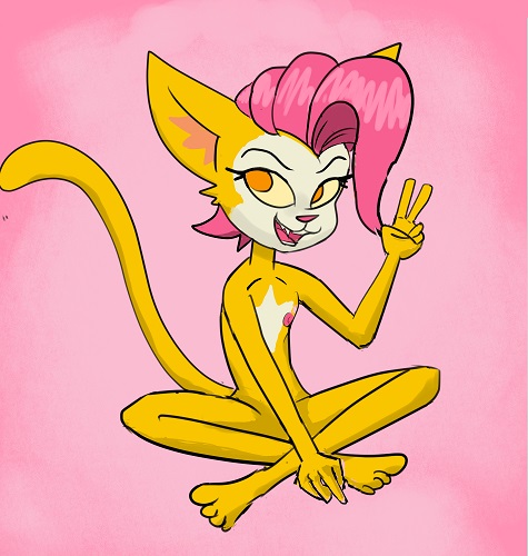 anthro female fur hair pink_hair sitting solo yellow_body yellow_fur young piina super_fuck_friends monique_pussycat felid feline mammal low_res