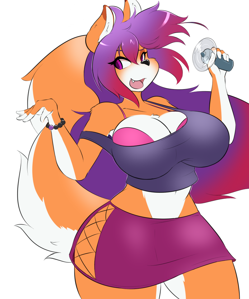 5_fingers anthro big_breasts biped black_nose bottomwear bra breasts clothed clothing curvy_figure eyebrows eyelashes female fingers fluffy fluffy_tail fur hair midriff open_mouth purple_eyes simple_background skirt smile solo tail thick_thighs tongue underwear voluptuous white_background wide_hips fyxe_(artist) fyxe canid canine fox mammal 5:6