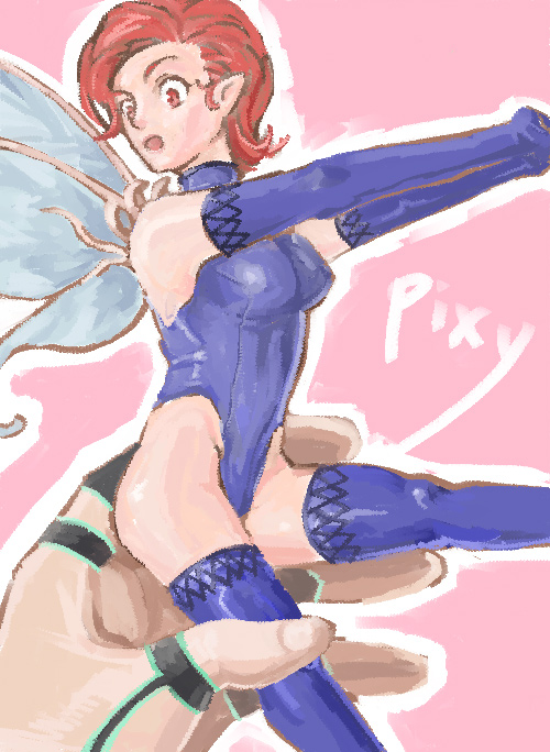 armwear blue_clothing blue_gloves blue_handwear blue_legwear blue_leotard blue_thigh_highs breasts clothing duo elbow_gloves female gloves hair handwear humanoid_pointy_ears insect_wings legwear leotard male micro open_mouth pink_background pointy_ears red_eyes red_hair simple_background text thick_thighs thigh_highs wide_hips wings wan-o_(artist) atlus megami_tensei sega demi-fiend pixie_(megami_tensei) fairy human humanoid mammal pixie winged_humanoid