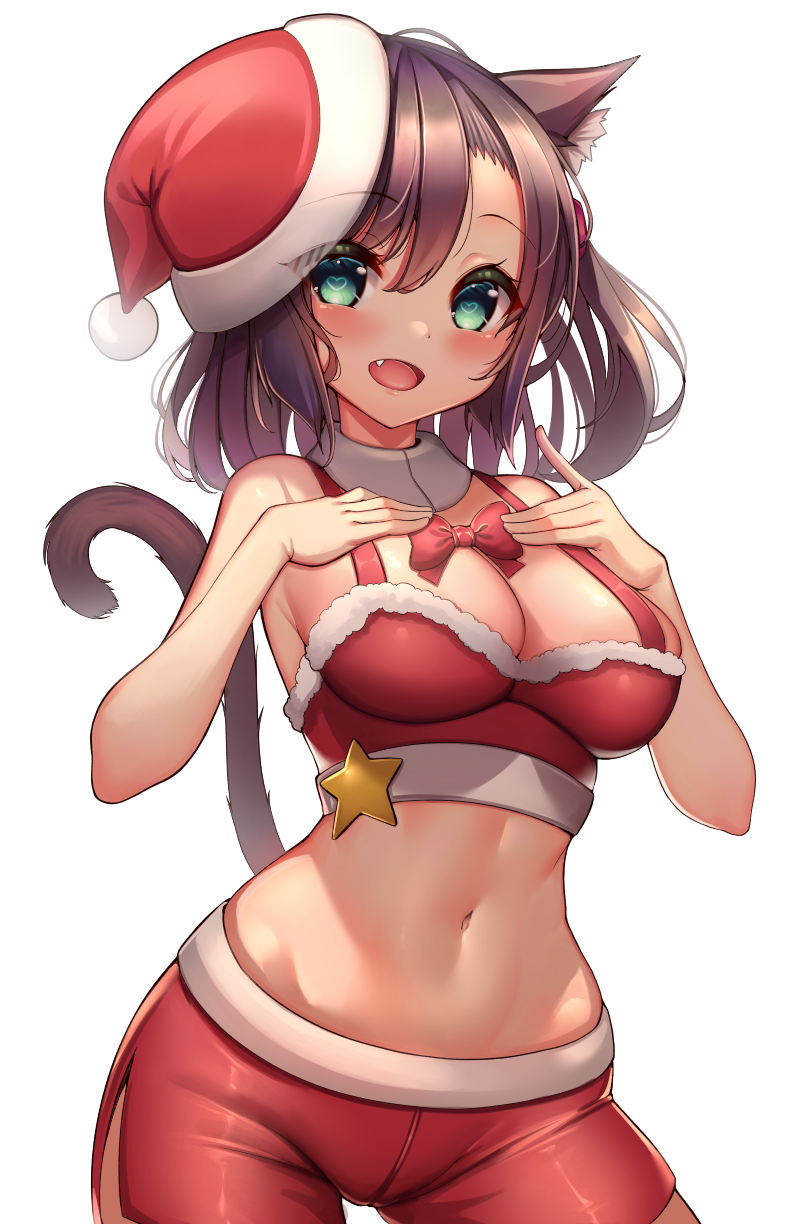 blush bottomwear breasts brown_hair christmas_clothing christmas_headwear clothing female green_eyes hair hat headgear headwear heart_eyes heart_symbol holidays inner_ear_fluff navel open_mouth red_bottomwear red_clothing red_ribbon red_shorts santa_hat shorts simple_background smile solo tail tuft white_background kaptivate christmas animal_humanoid cat_humanoid felid felid_humanoid feline feline_humanoid humanoid mammal mammal_humanoid 2020 digital_media_(artwork) hi_res