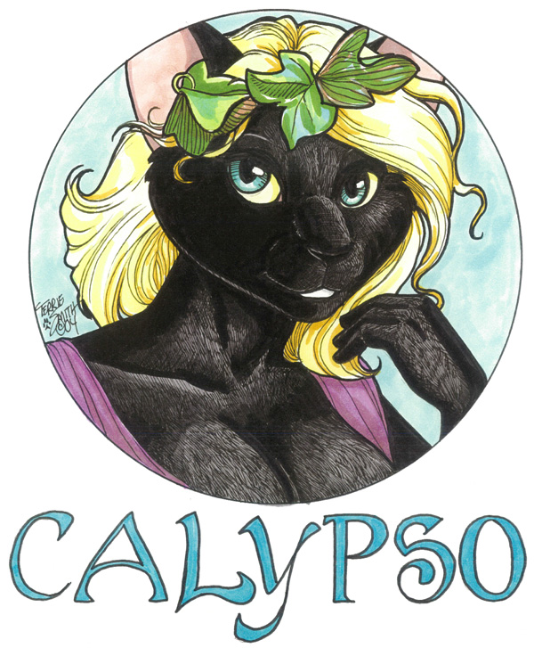 anthro black_body black_fur blonde_hair blue_eyes breasts cleavage clothed clothing female fur grin hair ivy_(plant) looking_at_hair plant_in_hair smile solo terrie_smith calypso_(mythology) domestic_cat felid feline felis mammal 2004