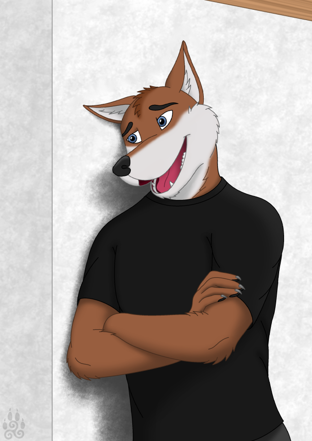 anthro blue_eyes brown_body brown_fur clothed clothing crossed_arms fur looking_away male open_mouth smile solo darkforest canid canine canis domestic_dog mammal