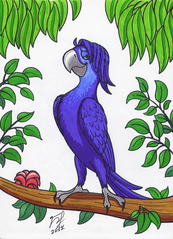 avian_feet branch leaf looking_at_viewer male solo standing goldy-gry blue_sky_studios rio_(series) roberto_(rio) avian bird macaw neotropical_parrot parrot spix's_macaw true_parrot 2014 shaded simple_shading traditional_media_(artwork)