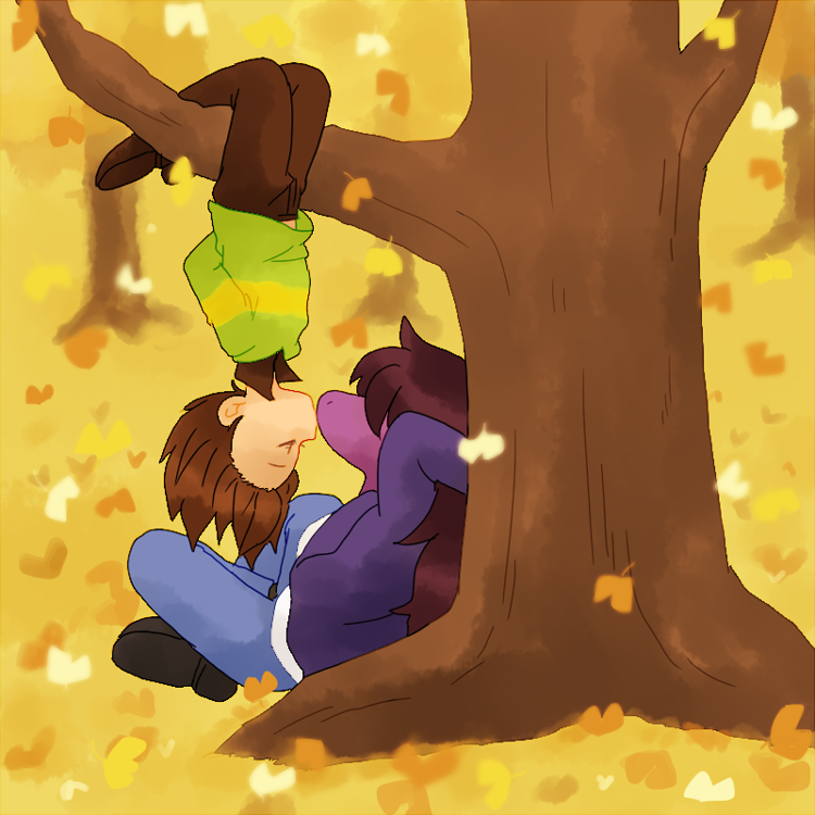 ambiguous_gender anthro autumn duo falling_leaves female hanging_by_legs hanging_upside_down kiss_on_lips kissing upside_down upside_down_kiss walnut_(pixiv) deltarune undertale_(series) kris_(deltarune) susie_(deltarune) human humanoid mammal reptile scalie 1:1 2019