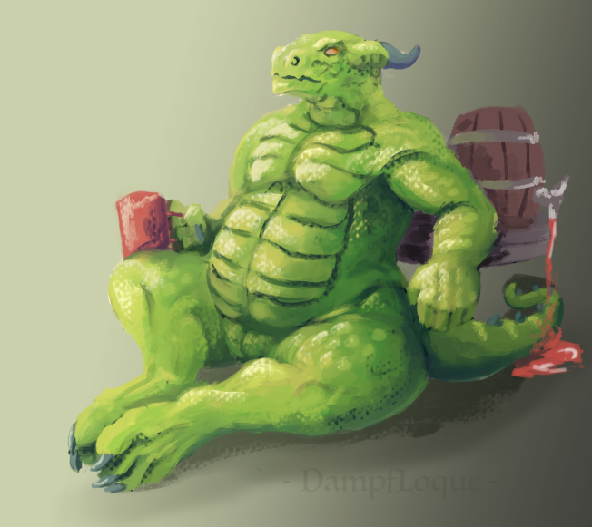 anthro beverage biped container cup holding_object keg male overweight overweight_anthro overweight_male sitting solo tail thick_thighs loque mythology dragon mythological_creature mythological_scalie reptile scalie wingless_dragon