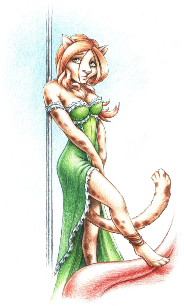 anklet breasts chest_tuft cleavage clothed clothing dress female fur green_eyes jewelry solo tail tuft antaeus dandelion_(character) felid lion mammal pantherine