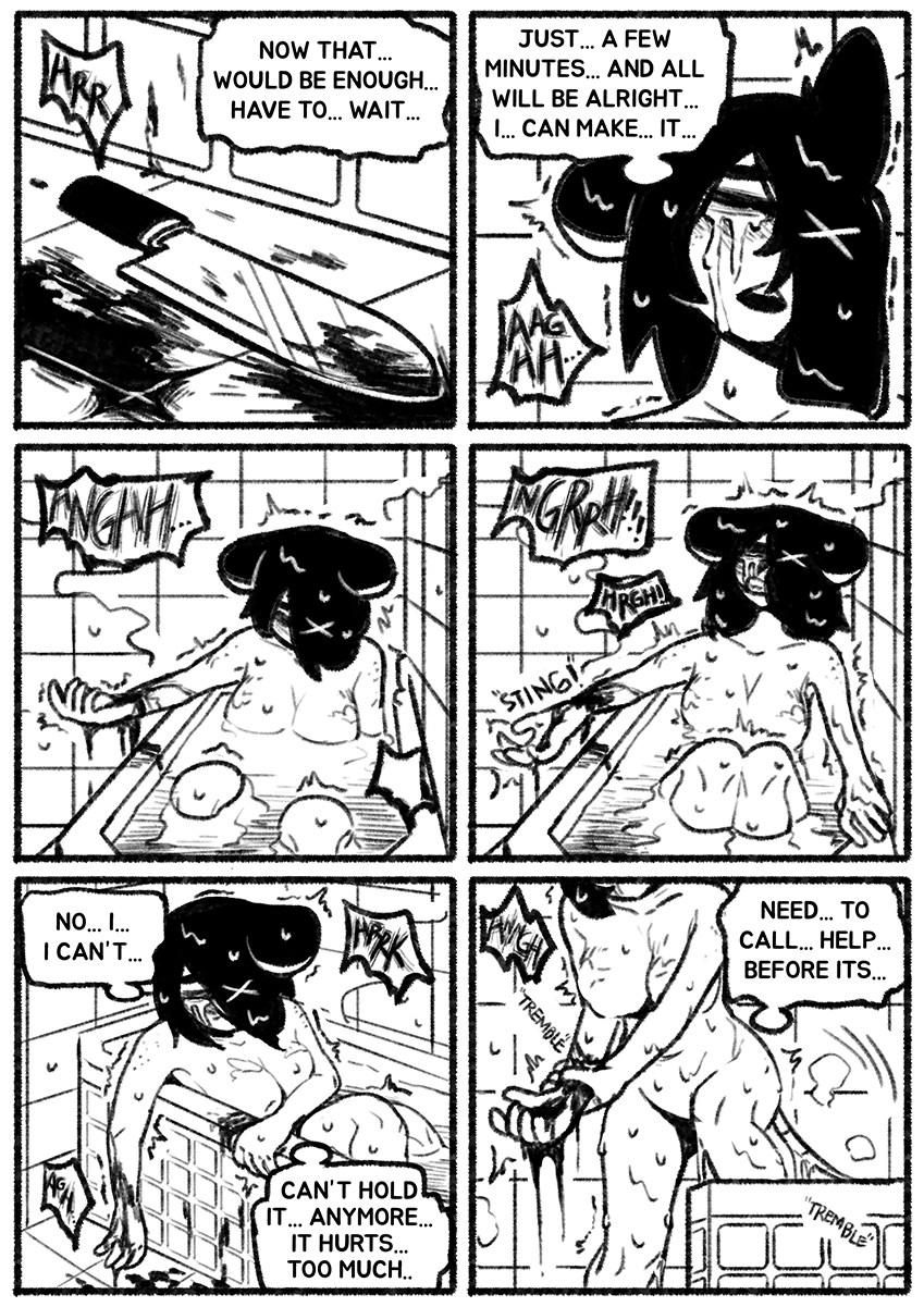 base_three_layout bathing bathroom big_breasts black_hair blood bodily_fluids border breasts crying death female grid_layout hair knife six_frame_grid six_frame_image suicide tears text three_row_layout white_border cho_second the_suicider_rat choi_yujin human humanoid mammal mouse murid murine rat rodent comic english_text hi_res monochrome