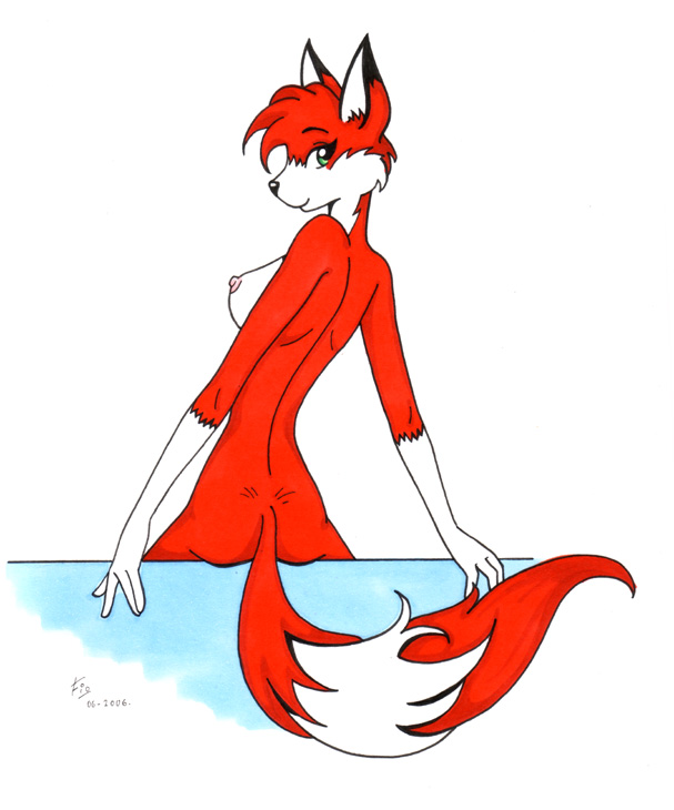 anthro biped breasts butt female green_eyes looking_at_viewer looking_back looking_back_at_viewer nipples nude rear_view side_boob simple_background sitting solo tail white_background fio ruby_(fio) canid canine fox mammal