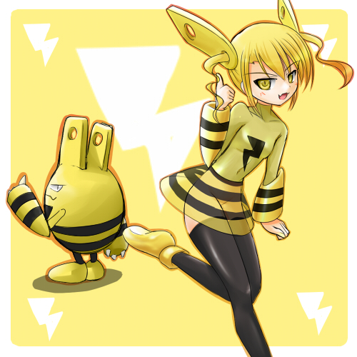 alternate_species blonde_hair clothing cosplay costume duo female hair humanized pokemon_costume yellow_eyes ranphafranboise nintendo pokemon elekid generation_2_pokemon human mammal pokemon_(species) 1:1 low_res