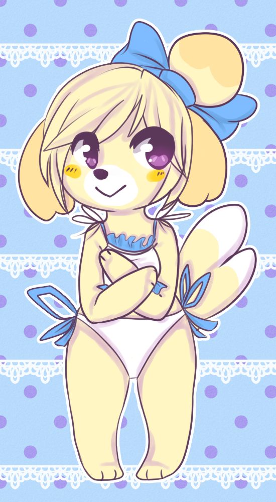 anthro bikini bikini_bralette clothed clothing female fur midriff ribbons ruffled_bikini shoulder-tie_bikini shoulder-tie_clothing shoulder-tie_swimwear side-tie_bikini side-tie_clothing side-tie_swimwear solo string_bikini swimwear tail two-piece_swimsuit zabanya animal_crossing nintendo isabelle_(animal_crossing) canid canine canis domestic_dog mammal shih_tzu toy_dog