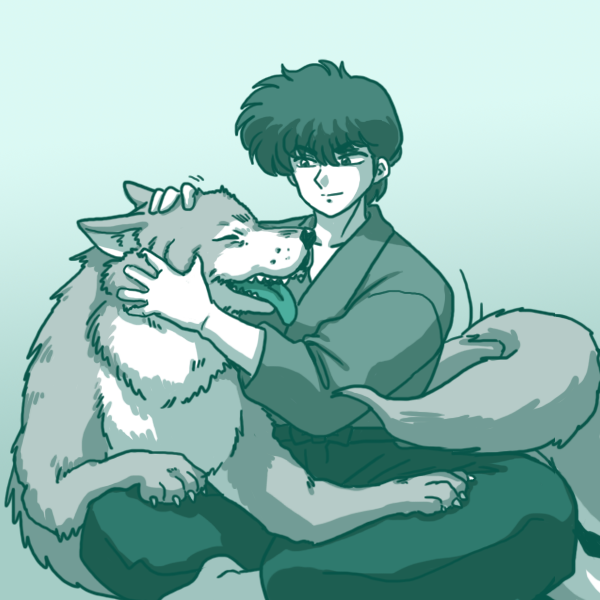 ambiguous_gender barefoot duo eyes_closed fangs feet green_background happy male simple_background smile teeth wantafutoshi ranma_1/2 kunou_tatewaki canid canine canis human mammal wolf 1:1 blue_and_white monochrome