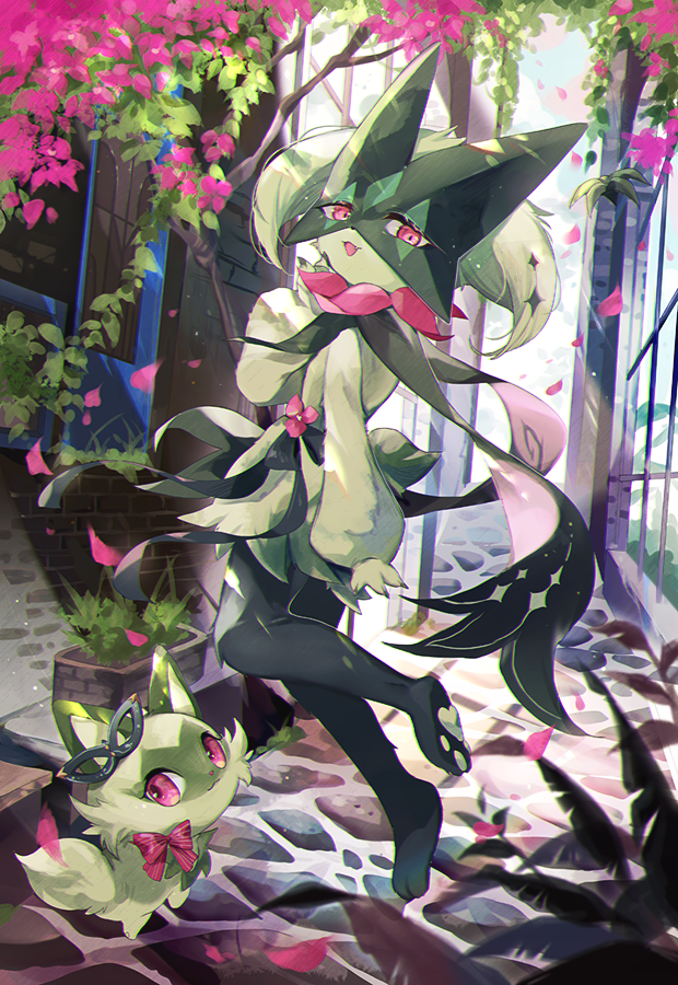 anthro biped bow_ribbon cherry_blossom cobbled_street cobblestone duo feral flower gate green_leaves light looking_at_viewer pink_leaves plant plant_pot potted_plant prunus_(flower) quadruped sunlight vines wall_(structure) window chaloc_nana nintendo pokemon generation_9_pokemon mammal meowscarada pokemon_(species) sprigatito