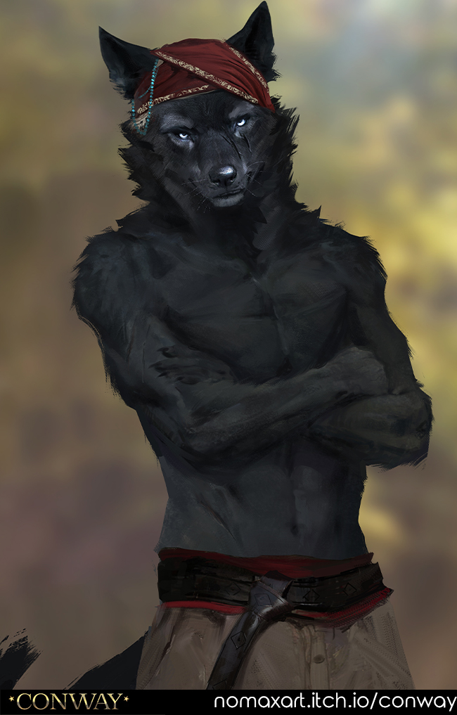 anthro belt black_body black_fur black_nose bottomwear clothed clothing crossed_arms fur head_covering looking_at_viewer male pants partially_clothed red_belt solo tail text topless topless_male white_eyes nomax conway_(game) wolf_(conway) canid canine canis mammal wolf 2023 url