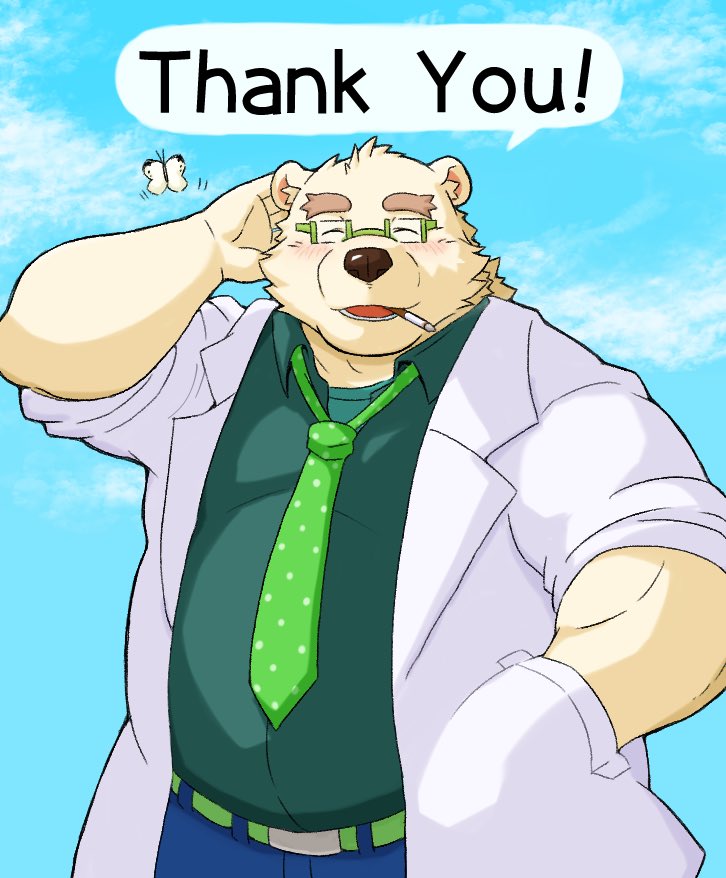 anthro belly blush bottomwear clothing eyewear fur glasses humanoid_hands male necktie overweight overweight_anthro overweight_male pants shirt smoking solo text topwear white_body white_fur kumadasi kumaura721 lifewonders tokyo_afterschool_summoners leib_(tas) arthropod bear butterfly insect lepidopteran mammal polar_bear ursine 2019 english_text