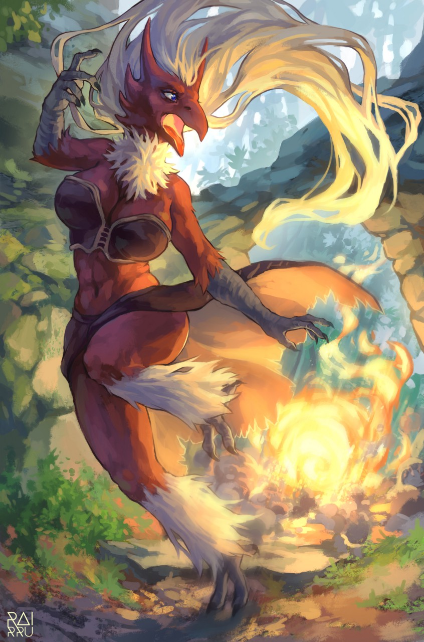 anthro beak blue_eyes breasts cleavage clothed clothing explosion feet female fire hair long_hair looking_back neck_tuft open_beak open_mouth outside rock running solo talons toes tuft white_hair rairru nintendo pokemon fan_character jocelyn_llamarada blaziken generation_3_pokemon pokemon_(species) 2018 hi_res