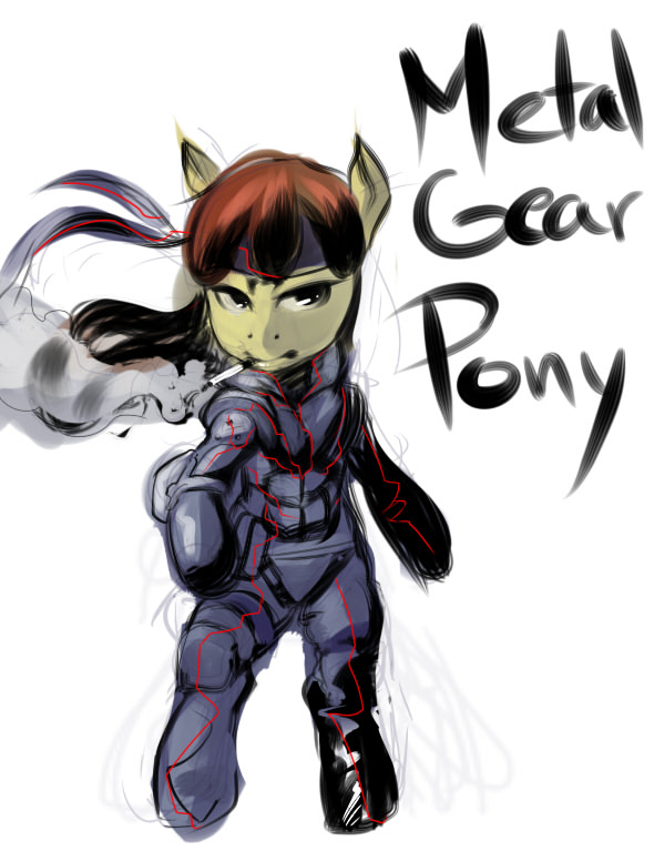 anthro biped bodysuit brown_hair cigarette clothing female front_view hair long_hair parody simple_background skinsuit smoke smoking solo standing tight_clothing white_background ottanta friendship_is_magic hasbro konami metal_gear my_little_pony apple_bloom_(mlp) earth_pony equid equine horse mammal pony crossover