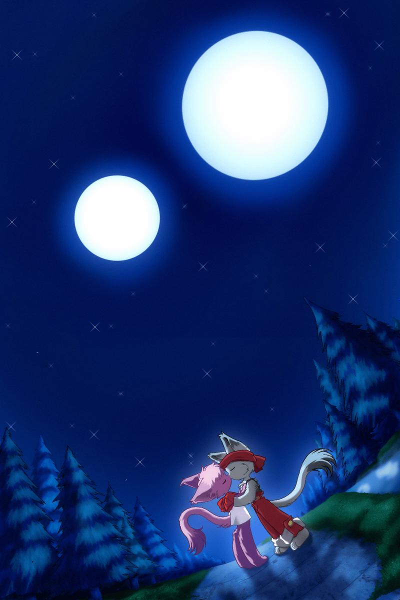 clothing detailed_background duo dutch_angle female fisheye_lens forest kerchief kissing male male/female moon multiple_moons nap-zack nature night outside plant romantic romantic_ambiance sky star starry_sky tail tree wood ikuta_takanon tail_tale yaminabe_aries lick_zack run_turn 2:3 hi_res official_art