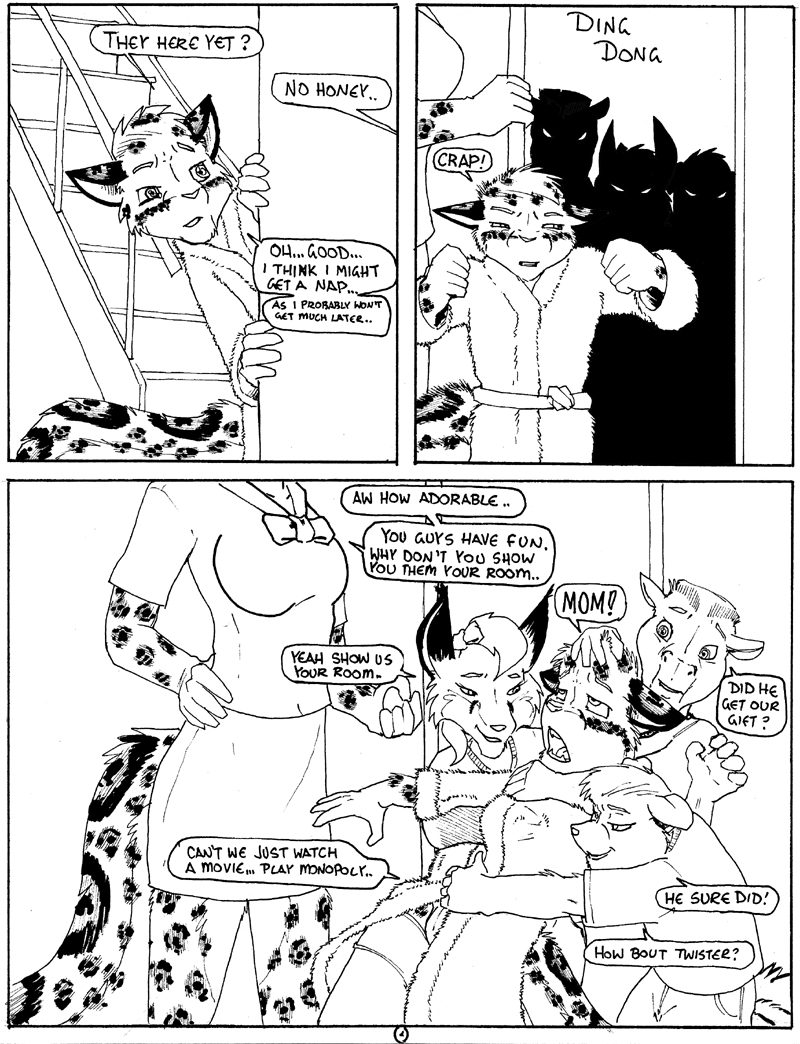 anthro clothing dialogue female grope group hug male robe simple_background sleepover suggestive text young bussaca canid canine equid equine felid fox horse leopard mammal pantherine comic english_text monochrome