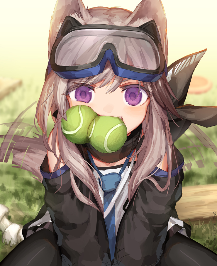 anime_style ball blonde_hair cute_fangs day eyewear fangs female goggles grass hair looking_at_viewer object_in_mouth outside pink_eyes plant smile solo tail tail_motion tailwag teeth tennis_ball tennis_ball_in_mouth asicah arknights hypergryph studio_montagne cardigan_(arknights) animal_humanoid canid canid_humanoid canine canine_humanoid dog_humanoid humanoid mammal mammal_humanoid 2019