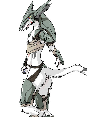 ambiguous_gender anthro armor bracers chest_wraps fur furgonomics headgear helmet pauldron simple_background solo tail white_background white_body white_fur wraps mick39 rain_silves mammal sergal 3:4 aliasing digital_media_(artwork) low_res
