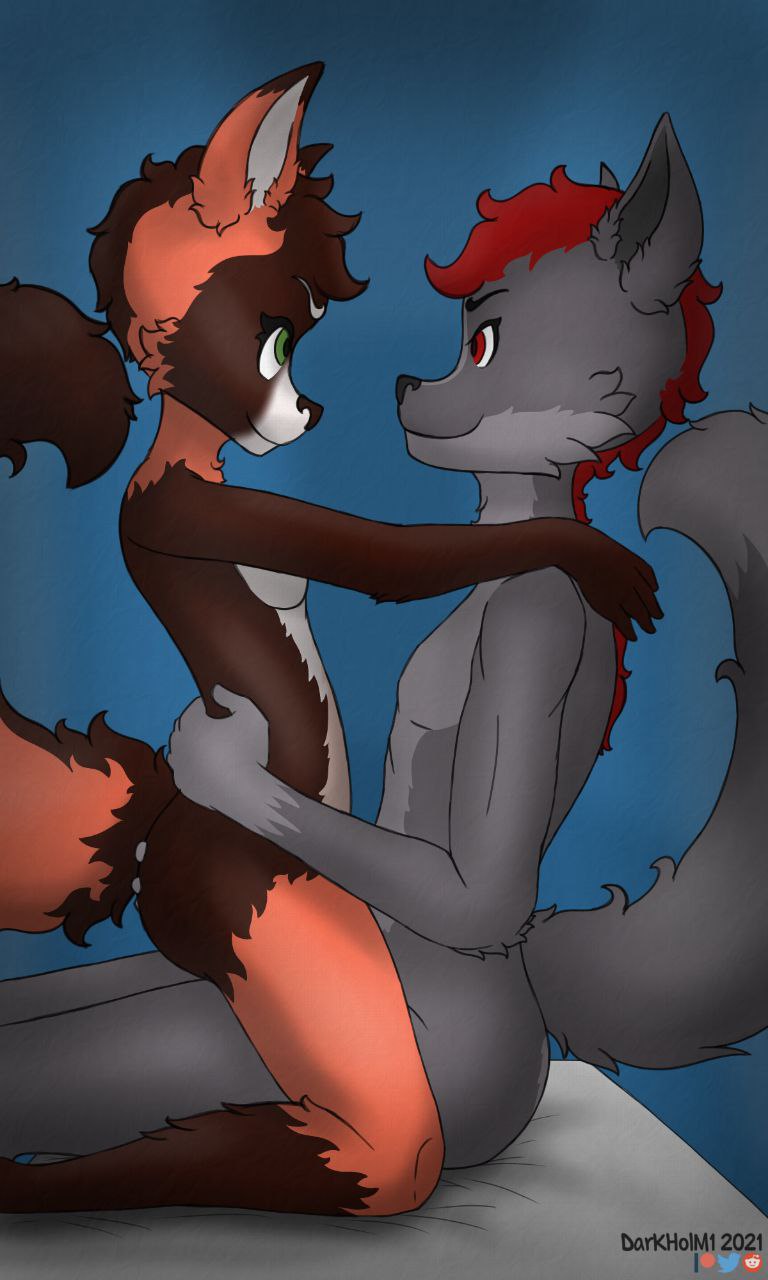 anthro duo eye_contact female fluffy hug looking_at_another male male/female smile darkholm1 dark_(darkholm1) hika_(character) canid canine canis fox mammal wolf 3:5 hi_res