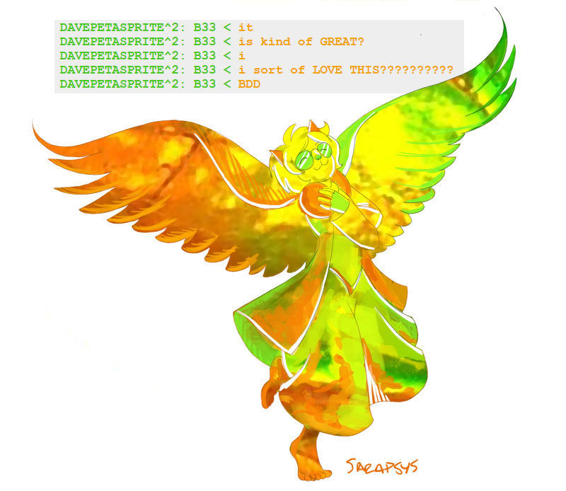 5_fingers 5_toes ambiguous_gender barefoot claws clothing dress eyewear feet fingers happy horn jacket self_hug solo spread_wings sunglasses text text_box toes topwear wings sarapsys homestuck ms_paint_adventures davepetasprite^2 alien animal_humanoid avian avian_humanoid cat_humanoid felid felid_humanoid feline feline_humanoid humanoid hybrid mammal mammal_humanoid sprite_(homestuck) troll_(homestuck) english_text