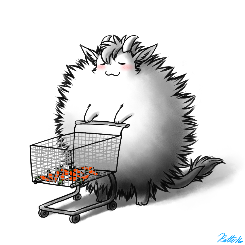 :3 ambiguous_gender blush carrot eyes_closed feral food fur horn plant poof shopping_cart simple_background solo text vegetable white_background white_body white_fur conditional_dnp ratte legacy_(ratte) theta_(ratte) ratteguhn temperate_rainforest_ratteguhn 1:1 2016 digital_media_(artwork) english_text signature