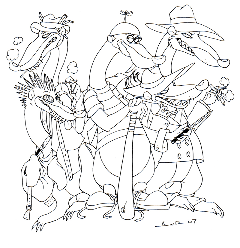 anthro baseball_bat bat_(object) bottomless cigar cigarette claws clothed clothing footwear fur gang group hair hat headgear headwear knife male restraints shoes smoke smoking straitjacket tongue tongue_out zeriara disney who_framed_roger_rabbit greasy_(character) psycho_(character) smarty_weasel stupid_(character) toon_patrol wheezy least_weasel mammal mustelid musteline true_musteline weasel 2007