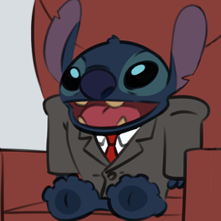 anthro black_eyes blue_nose blue_pawpads bottomless business_suit businesswear chair clothed clothing furniture happy head_tuft male necktie notched_ear open_mouth open_smile pawpads sitting smile solo suit tuft pokachu_(artist) disney lilo_and_stitch stitch_(lilo_and_stitch) alien experiment_(lilo_and_stitch) 1:1 2023 digital_drawing_(artwork) digital_media_(artwork) flat_colors low_res