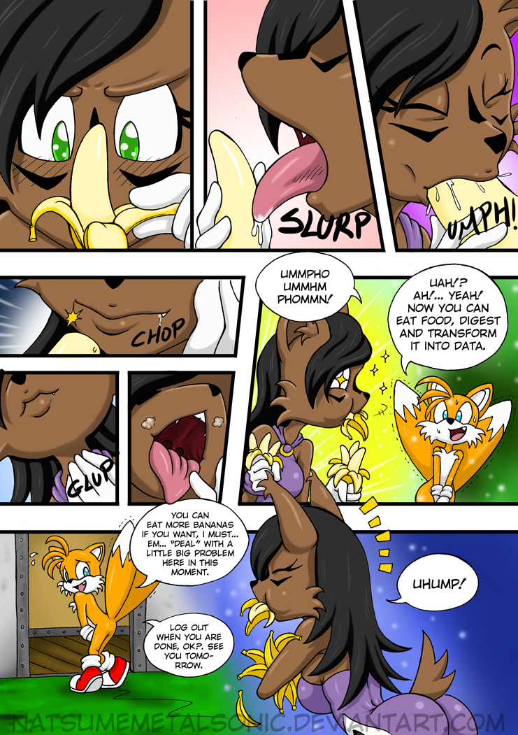 anthro aroused dialogue duo erection female holding_banana imminent_vore male speech_bubble text natsumemetalsonic archie_comics sega sonic_the_hedgehog_(archie) sonic_the_hedgehog_(comics) sonic_the_hedgehog_(series) miles_prower nicole_the_lynx canid canine digital_creature felid feline fox lynx mammal english_text url