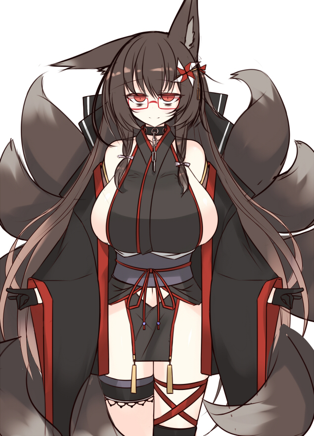 asian_clothing big_breasts bottomwear breasts chain clothing collar east_asian_clothing eyewear female glasses gloves handwear huge_breasts japanese_clothing legband loincloth multi_tail pinwheel side_boob smile solo tail thighband ktn_kuta animal_humanoid canid canid_humanoid canine canine_humanoid fox_humanoid humanoid mammal mammal_humanoid portrait three-quarter_portrait