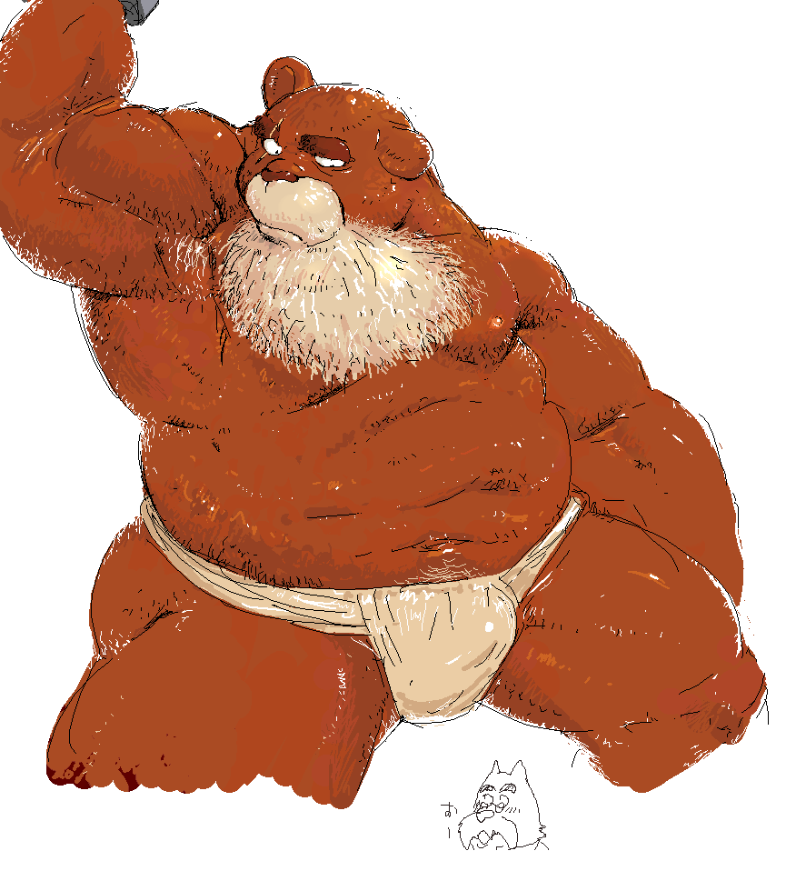 anthro beard brown_body brown_fur bulge clothing facial_hair fur kemono male musclegut muscular navel overweight overweight_anthro overweight_male simple_background solo underwear white_background kira_nerisu bear mammal 2004 archived_source