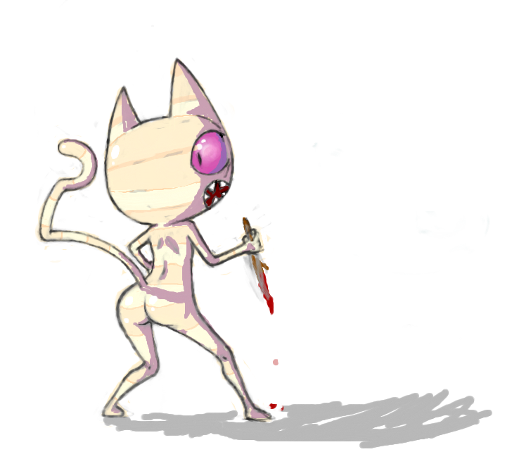 anthro big_butt blood bodily_fluids butt dagger female fur holding_object holding_weapon looking_back melee_weapon open_mouth pink_eyes red_eyes simple_background solo standing striped_body striped_fur stripes teeth weapon white_background white_body white_fur quncy adventure_time cartoon_network me-mow domestic_cat felid feline felis mammal digital_media_(artwork)