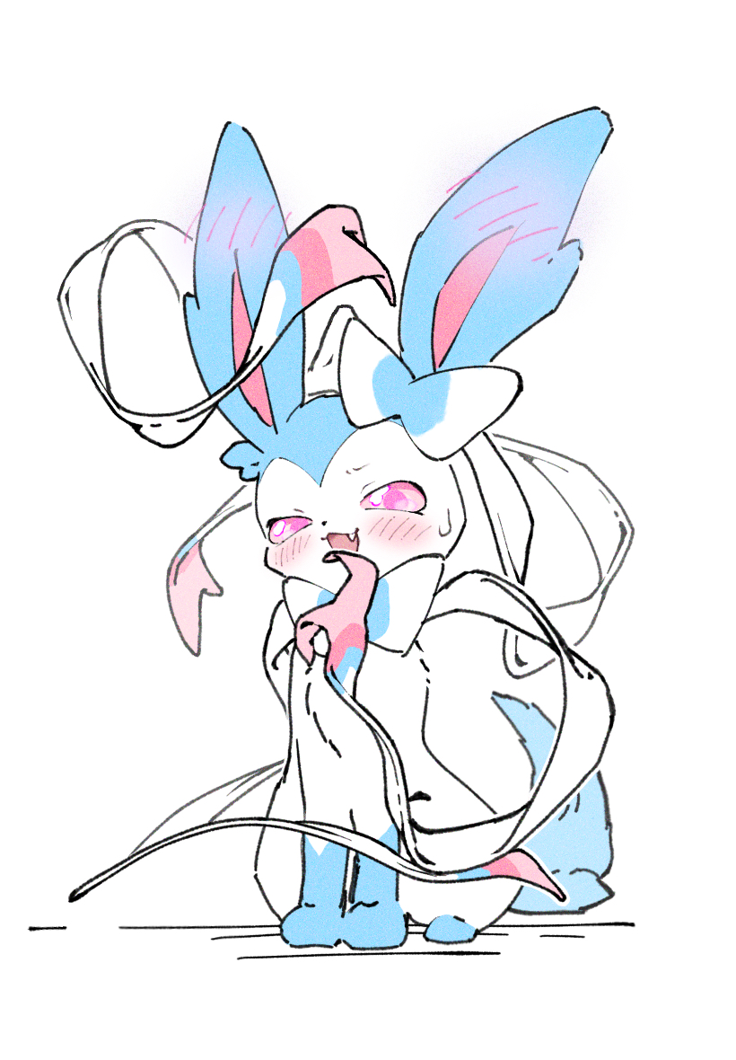 ambiguous_feral ambiguous_gender big_ears blue_body blue_ears blue_fur blue_tail blush blush_lines bodily_fluids bow_(feature) cute_fangs ear_blush ear_bow fangs feral front_view fur glistening glistening_eyes kemono leg_markings long_ears looking_at_viewer markings monotone_tail multicolored_body multicolored_fur naughty_face open_mouth open_smile pink_eyes pink_inner_ear pink_pupils pupils quadruped simple_background sitting smile socks_(marking) solo sweat sweatdrop tail teeth two_tone_body two_tone_fur white_background white_body white_fur white_ribbon yuui nintendo pokemon eeveelution generation_6_pokemon mammal pokemon_(species) shiny_pokemon sylveon 2025 colored digital_media_(artwork) flat_colors full-length_portrait portrait