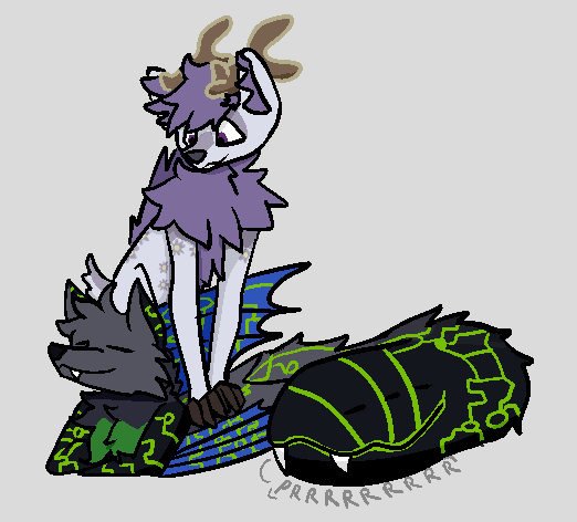 anthro antlers backrub circuit_markings duo happy horn male markings pleased pleased_expression purring relaxing smile tail tail_mouth unusual_anatomy unusual_tail spectrum36 mythology aster_(firetitan) voldrak canid canine canis deer dragon hybrid mammal mythological_creature mythological_scalie scalie wolf