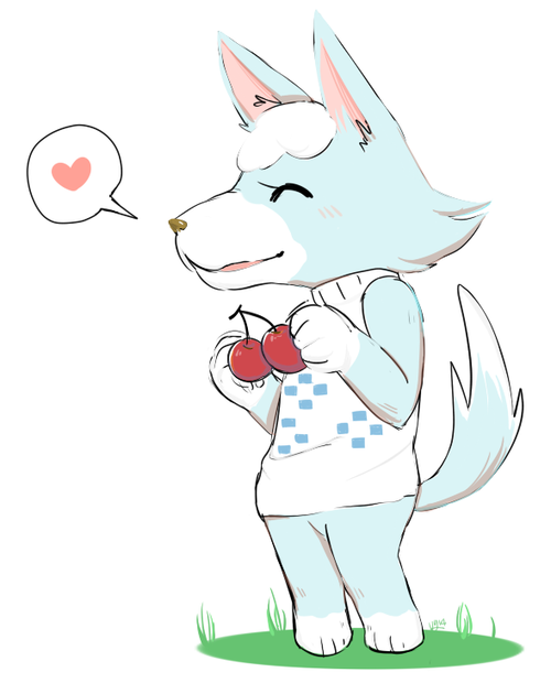 anthro cherry clothing eyes_closed female food fruit heart_symbol plant simple_background solo sweater topwear white_background unknown_artist animal_crossing nintendo skye_(animal_crossing) canid canine canis mammal wolf