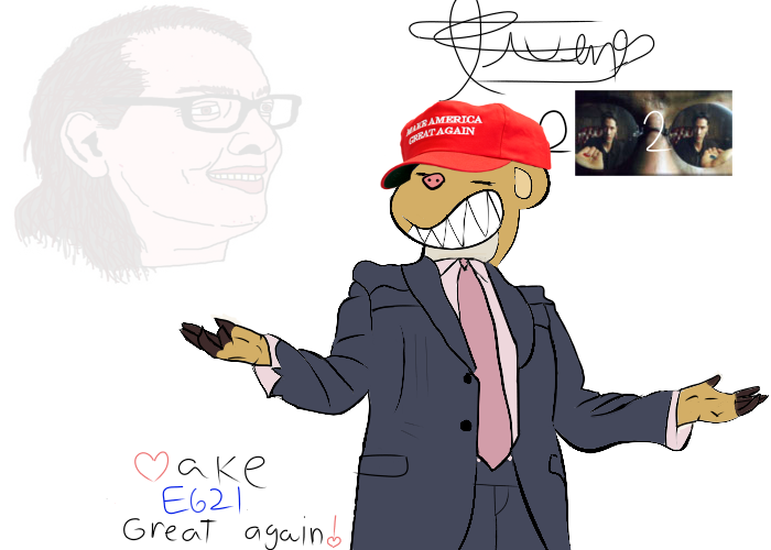 1000_hours_in_ms_paint anthro clothing hat headgear headwear maga_hat male necktie smile solo suit text text_on_clothing text_on_hat text_on_headwear unknown_artist nintendo pokemon the_matrix aids_skrillex donald_trump generation_7_pokemon human mammal pokemon_(species) yungoos 2018 english_text meme